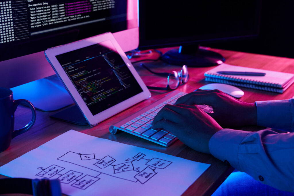 close-up-image-programer-working-his-desk-office close up image programer working his desk office