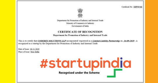 Recognized as a startup by Government of India – Coderix Solutions LLP